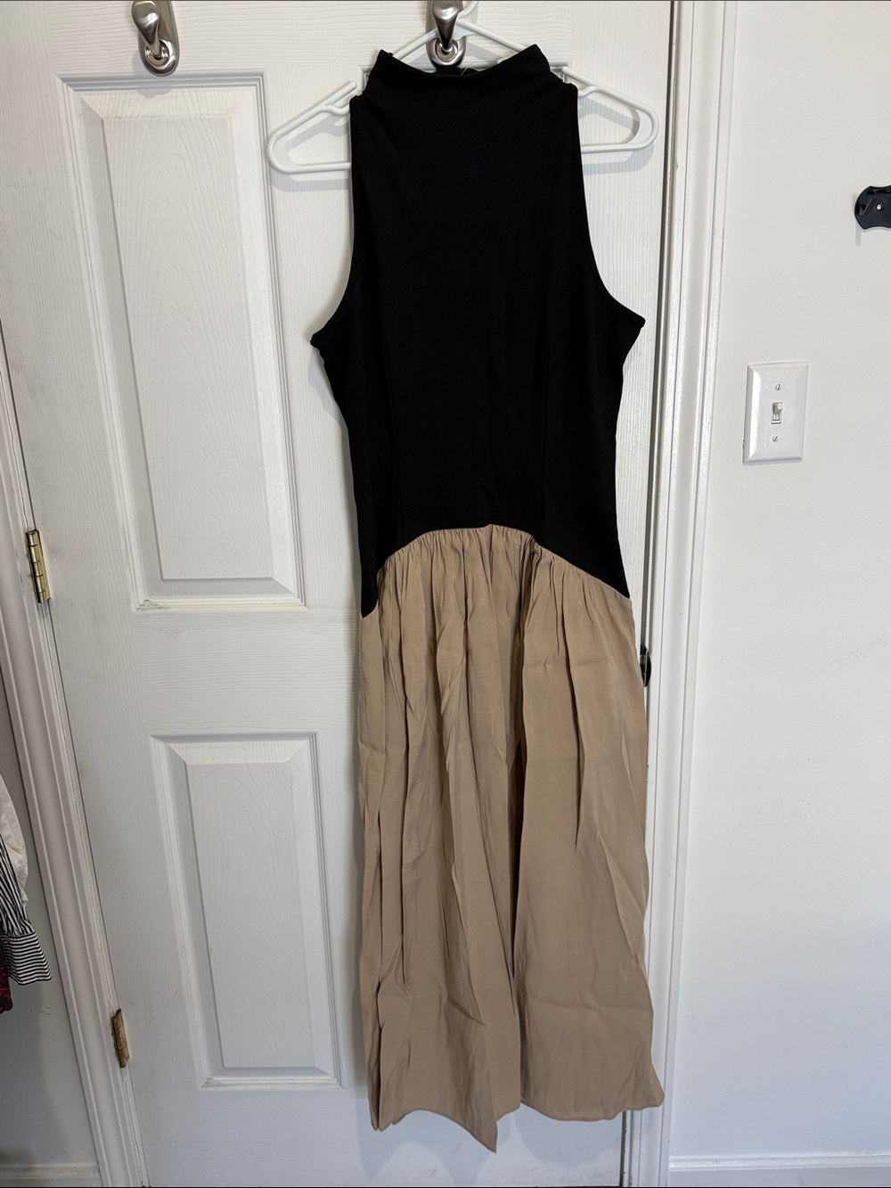 *NWT* Maeve Sleeveless Mock Neck Two Tone Maxi Sheath Dress, Black & Khaki, Sz M